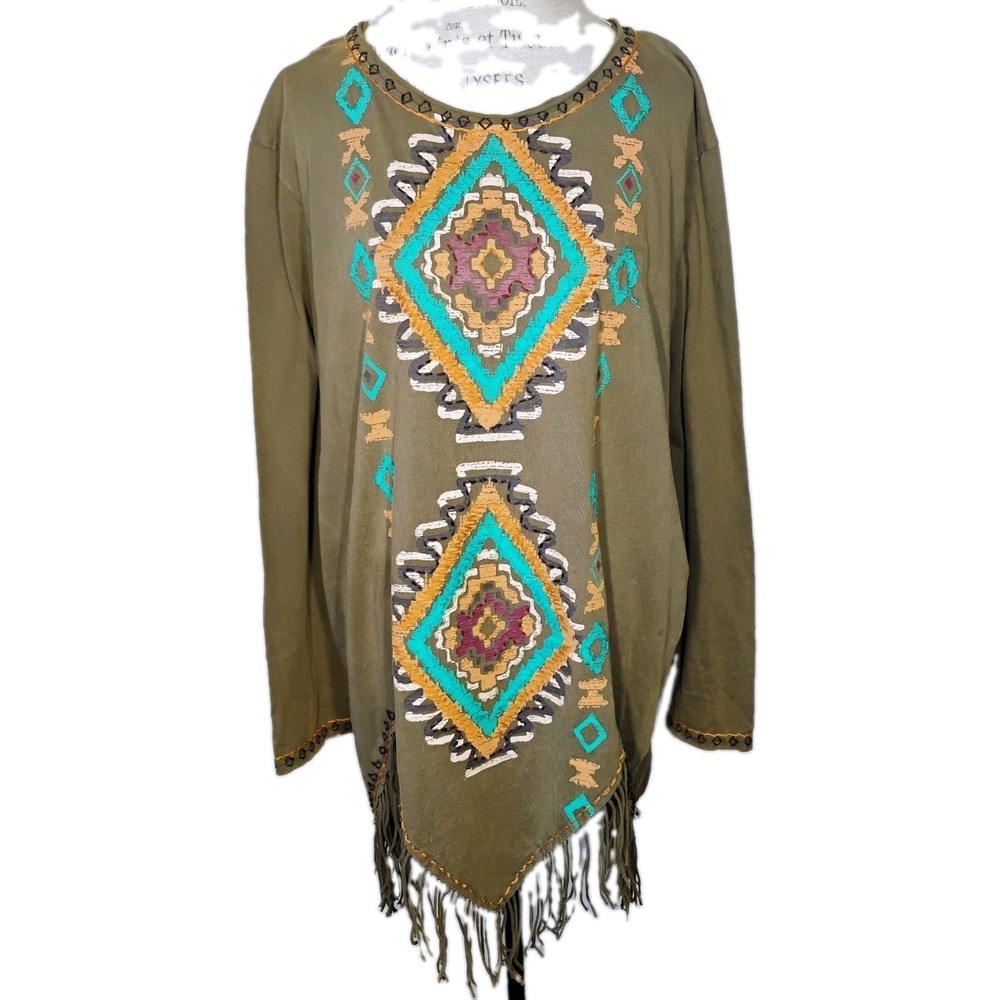 Double D Ranch Embroidered Western Fringe Top Womens 1X Green Aztec Long Sleeve